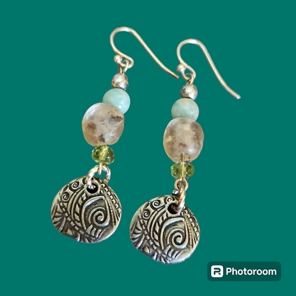 HANDMADE Rustic African Glass Amazonite Beaded Dangle Hook Earrings - Picture 1 of 3
